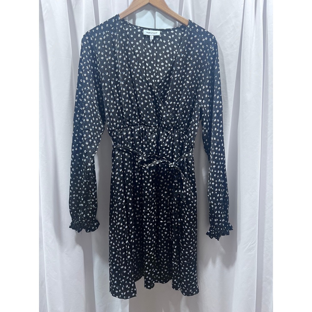 Motherhood Maternity Floral Wrap Dress Black White Long Sleeve V-Neck XL
